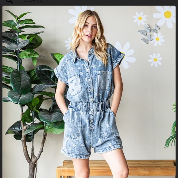 Oli and Hali “ Amy “ Oli & Hali Star Denim Jean Shorts Jumpsuit Utility Romper - Picture 7 of 8